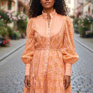 (D-116)NWT Peach Eyelet Lace Dress Women Size L Button Front Long Sleeve Boho